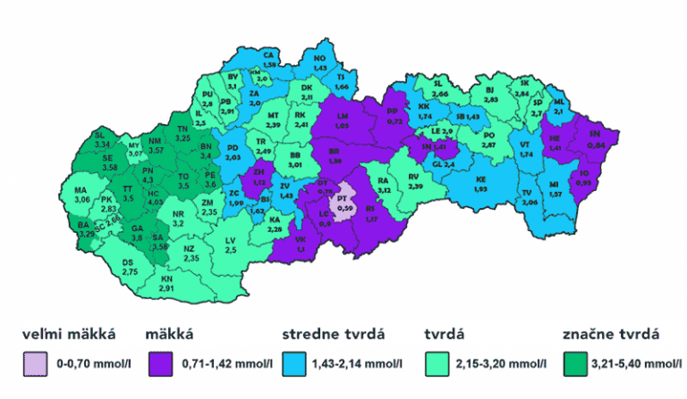 Mapa tvrdej vody na Slovensku