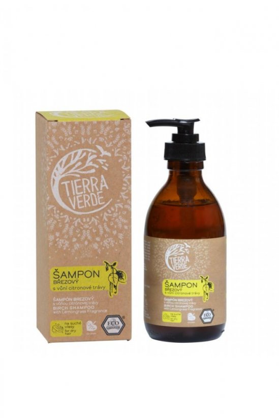 Ekologický brezový šampón na suché vlasy s vôňou citrónovej trávy - Tierra Verde - Balenie: 230 ml - sklenená fľaštička